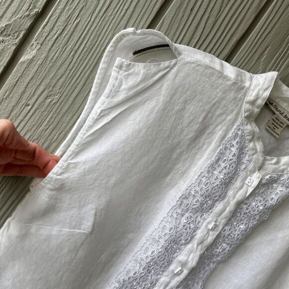 David Brooks Linen Sleeveless Top | Lace Detail, Side Slits, SZ M - Picture 7 of 8